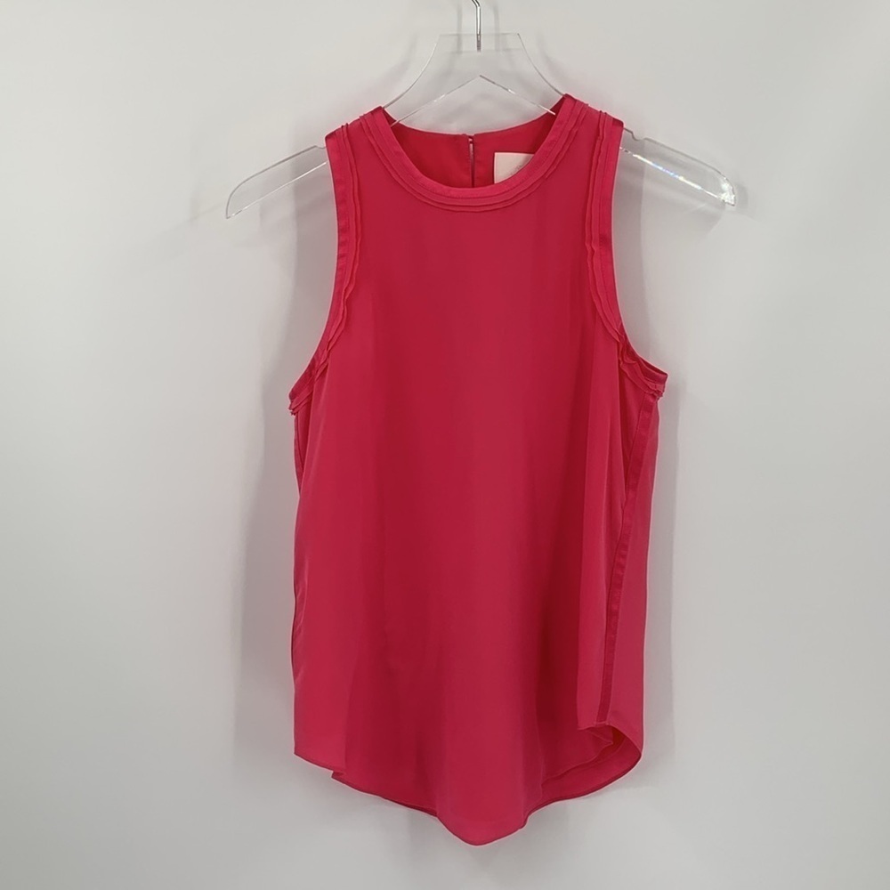 Cinq a Sept pink silk tank blouse shirt top sleeveless satin trim ruffle raw XS